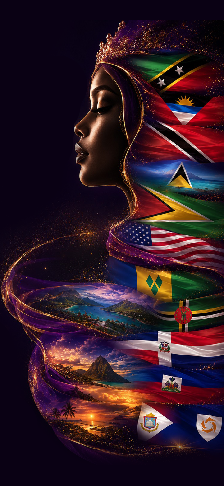 A crowned Caribbean woman surrounded by the flags of participating nations